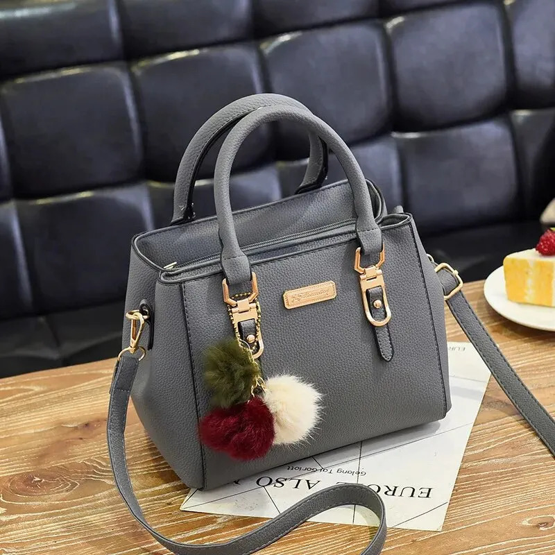 Fashion PU Leather Bucket With Hairball Ornament Handbag Vintage Solid Color Top Handle Shoulder Crossbody Bags 250725