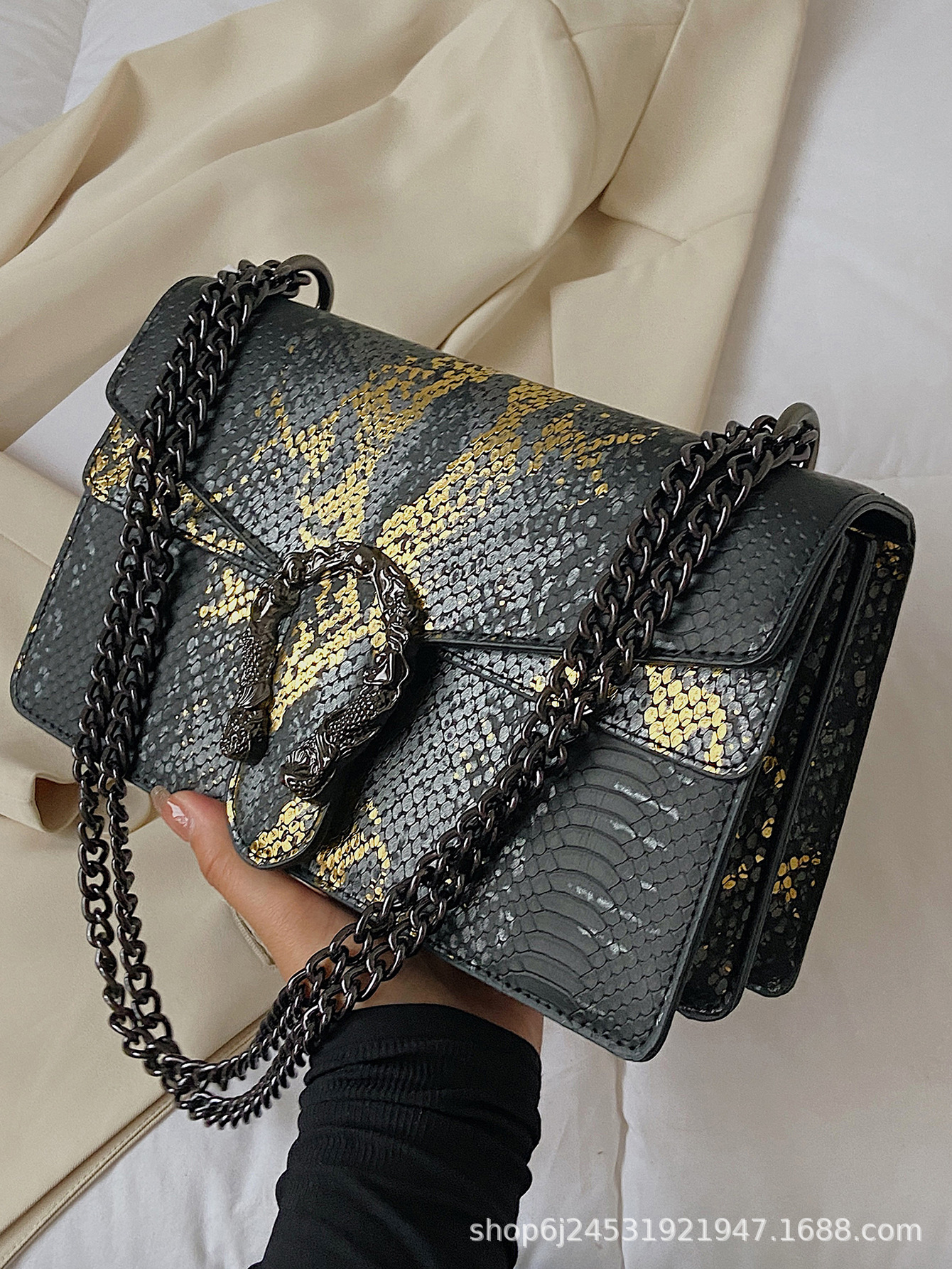 free shipping designer Snake-skin pattern chain crossbody single-shoulder double-compartment flip cover women's single-shoulder bag with exquisit