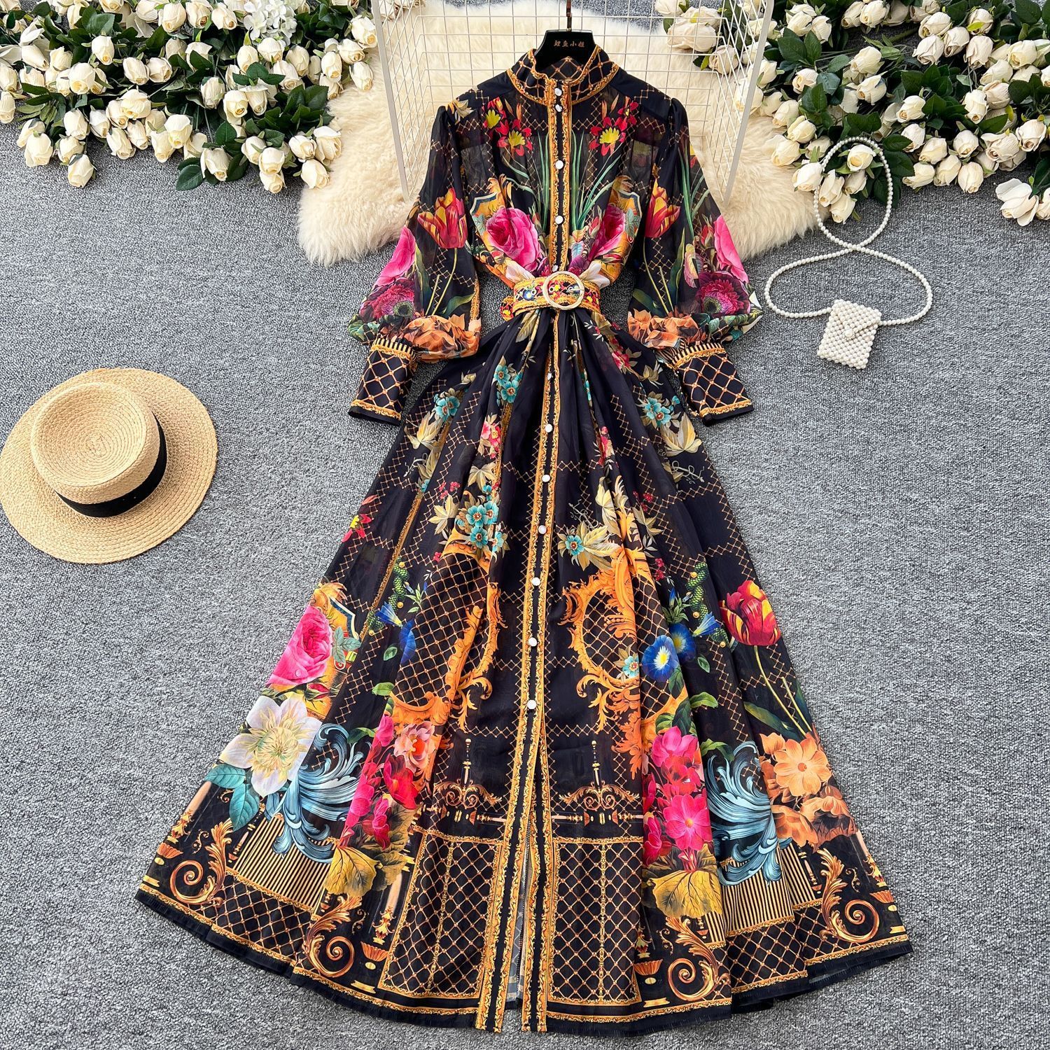 Spring Sumemr Holiday Flower Chiffon Maxi Dress Womens Lapel Long Lantern Sleeve Floral Print Belt Boho Robe Vestidos 6270 240812