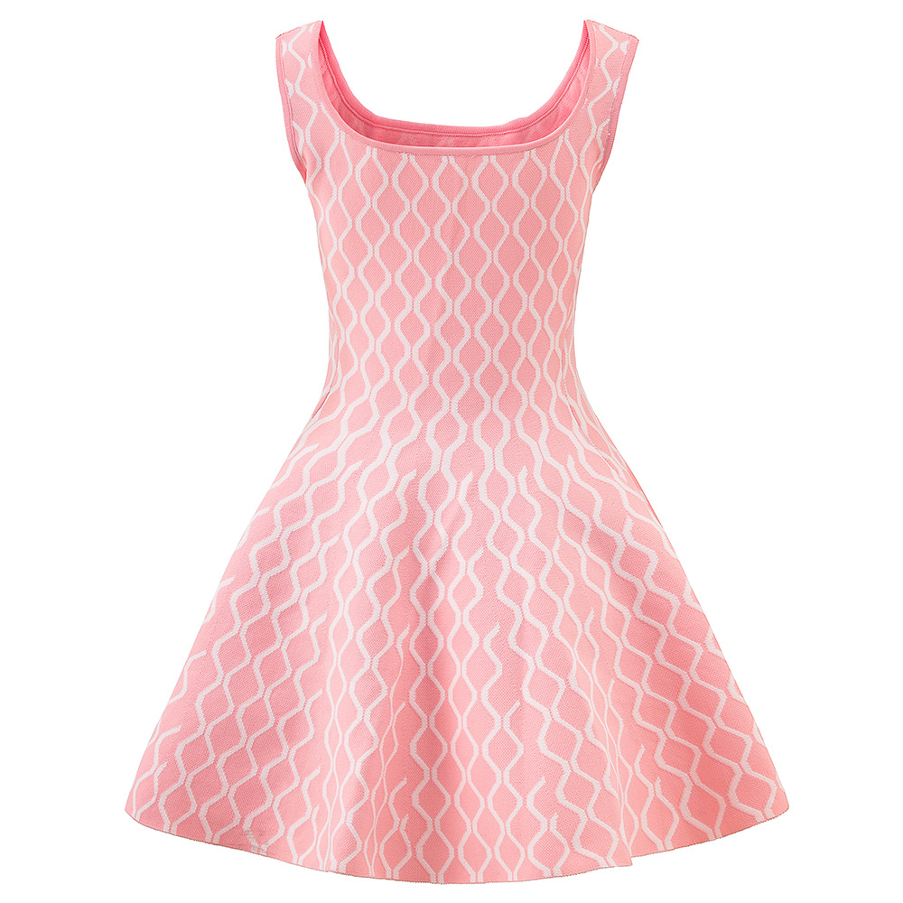 Casual Dresses Women's Niche design Geometric Jacquard Sleeveless Dress Autumn Sweet Ladies Slim High-Waisted A-Line Short Robe