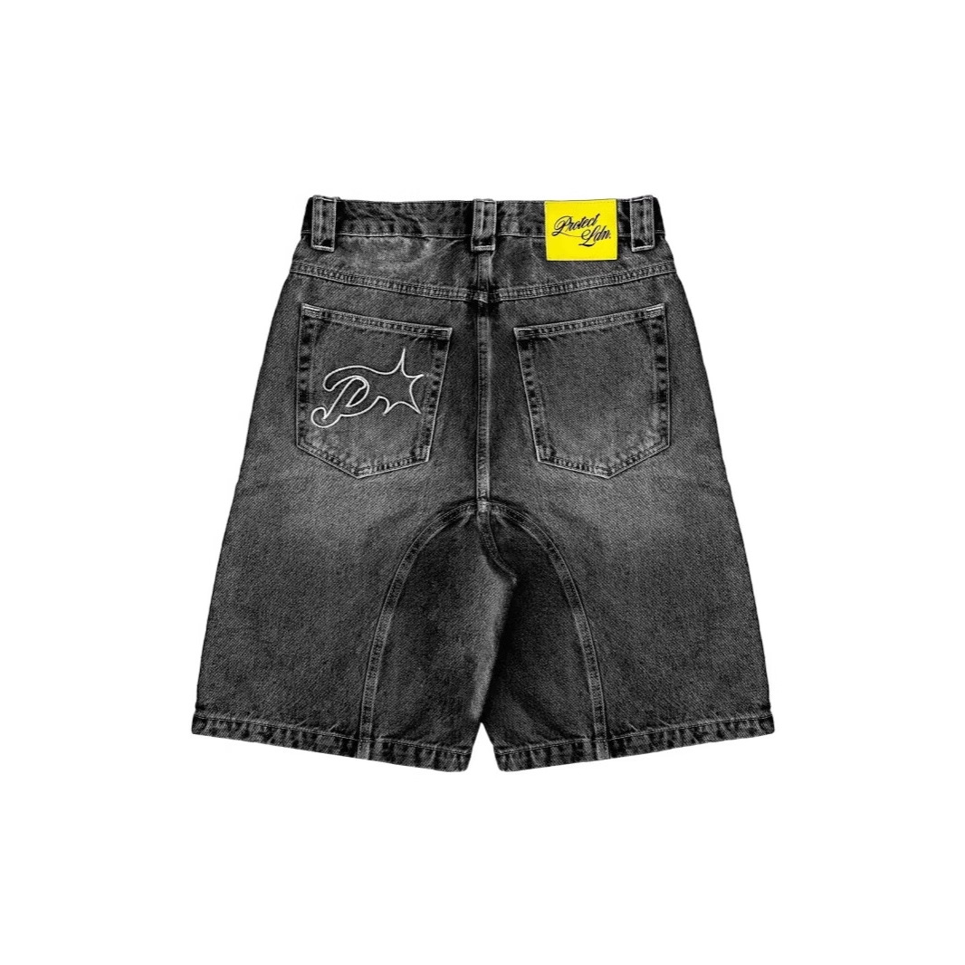 Men's Shorts Lightweight Quick-Drying Retro casual American street embroidery trend loose Harajuku washed denim five quarter shorts summer