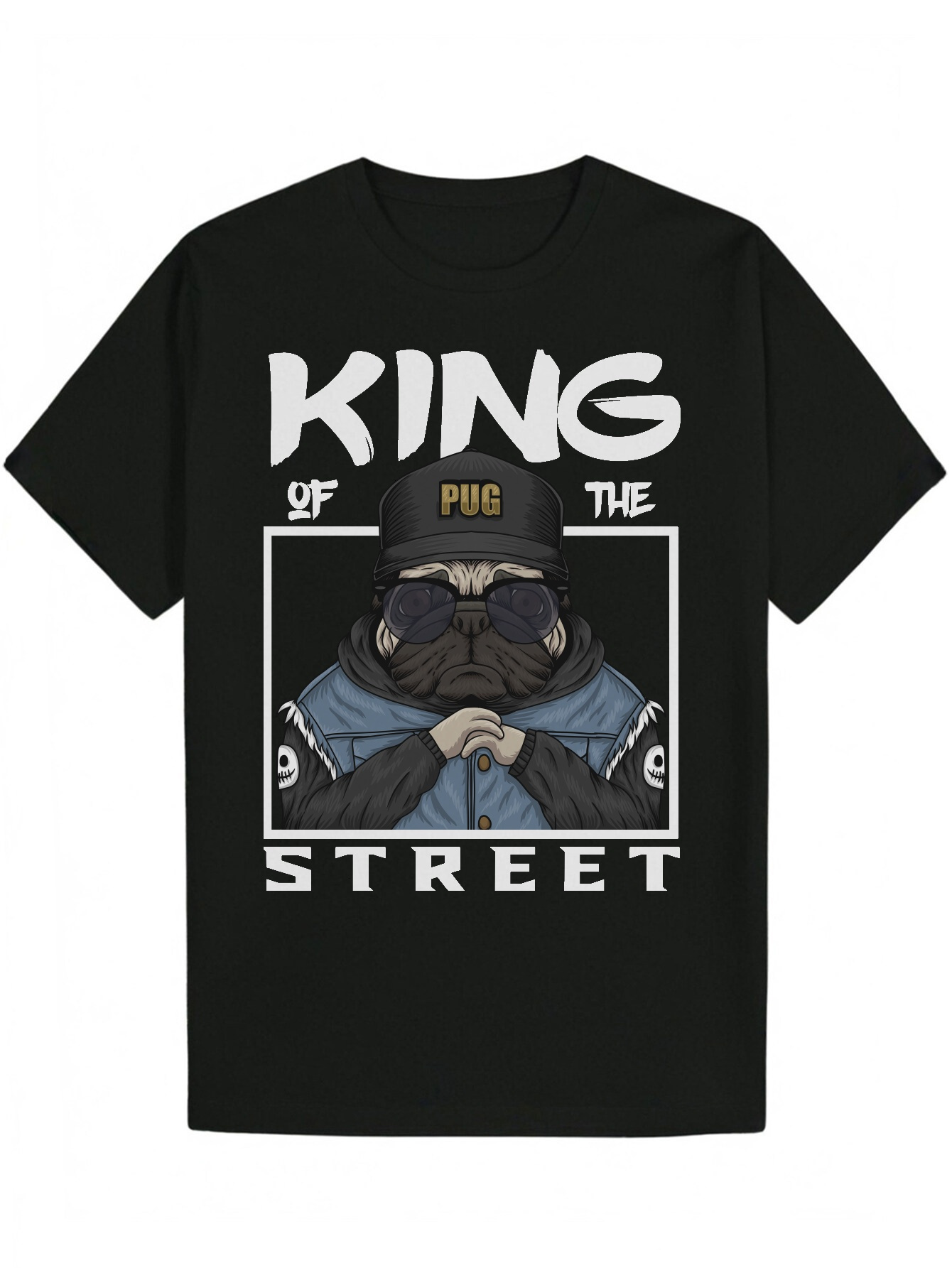 Men's Summer Casual T-Shirt - Black Design with "King of the Streets" Print, Animal Pattern and Glasses Character Art, 100% Polyester, 