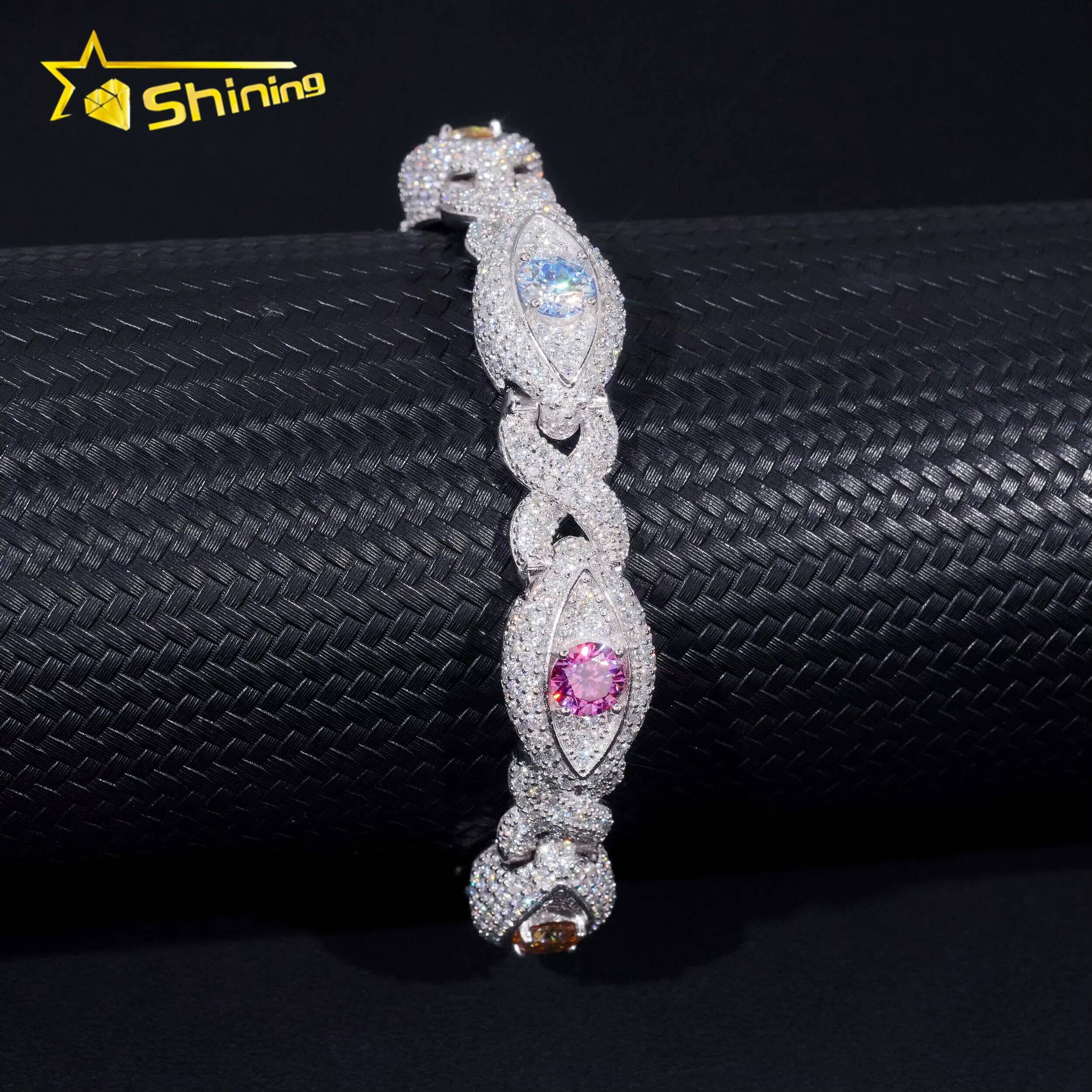 New Design Pass Diamond Tester Silver 925 Gold Plated Hip Hop Jewelry 12mm Big Eye Colored Custom Moissanite Cuban Link Bracelet