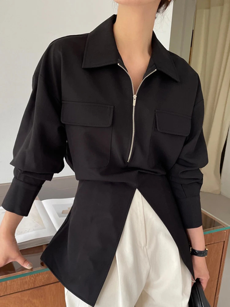 EAM Women Beige Zipper Pocket Back Bandage Blouse Lapel Long Sleeve Loose Fit Shirt Fashion Spring Autumn 1DF1491 250731