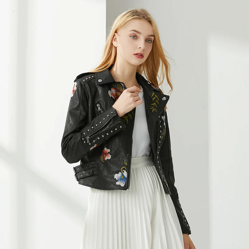 Fitaylor Spring Autumn Women Faux PU Leather Jacket Casual Lady Rivet Floral y 250731