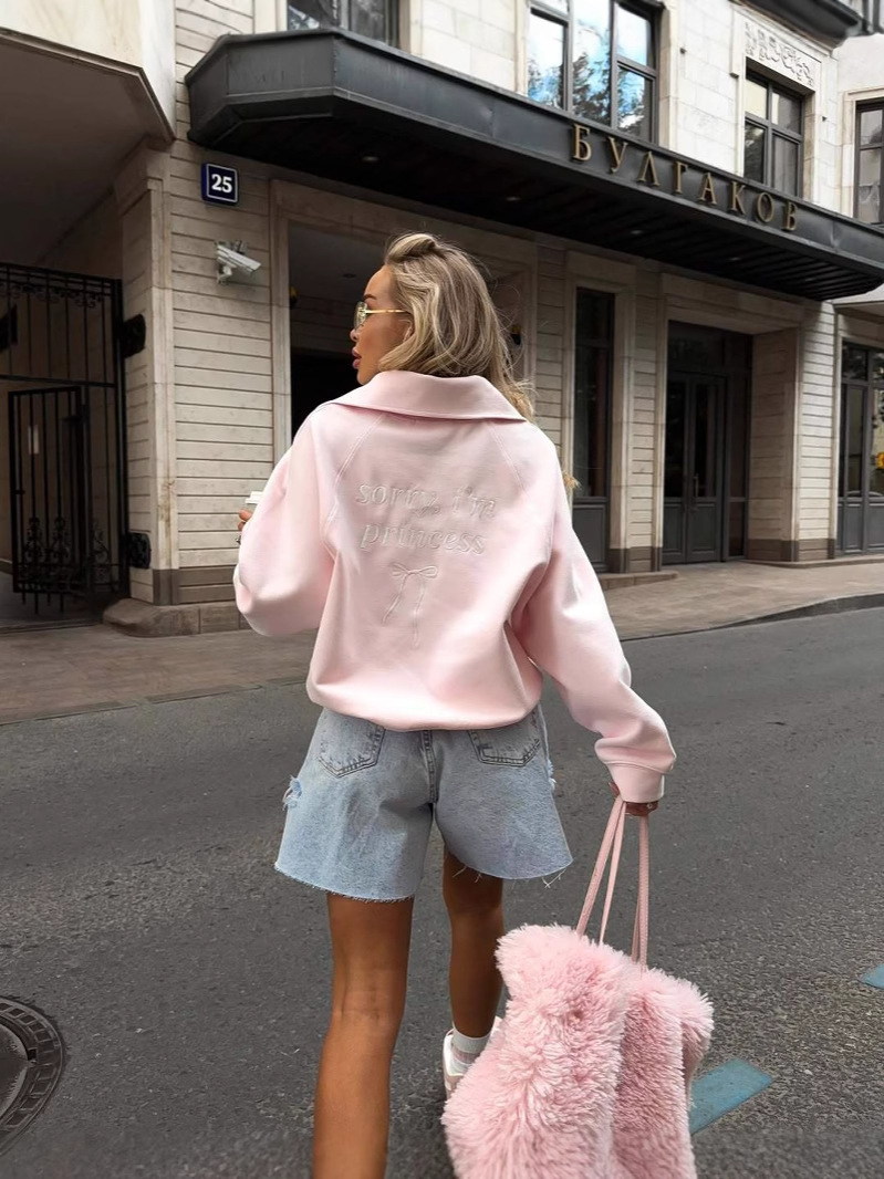 Fashion loose casual letter embroidered half-chain sweater women