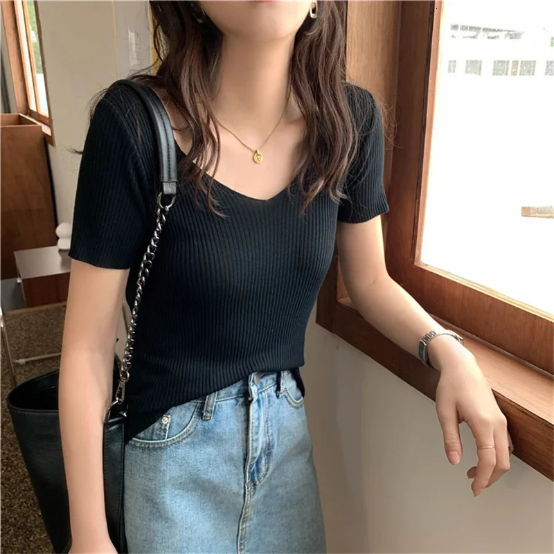 Basic Vneck Solid Thin Summer Pullover Women Female Knitted Ribbed Sweater Slim Short Sleeve Bodycon 250731
