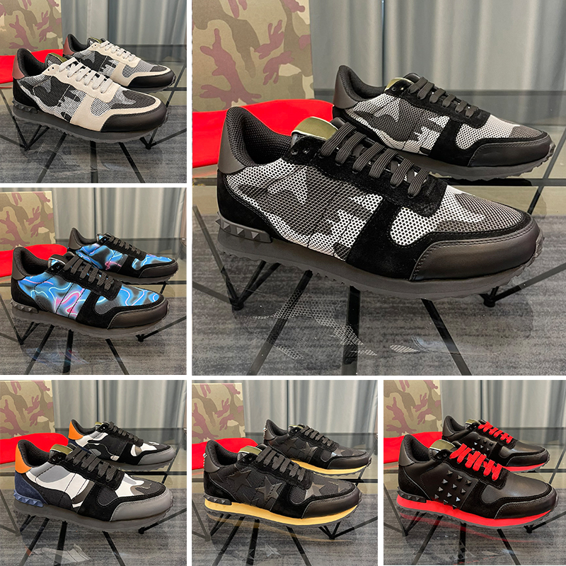 Designer Sneakers Rockrunner Camouflage Men Women Casual Sneakers High Quality Leather Platform Rivet Trainers rubber sole Outdoor Sports Running Shoes