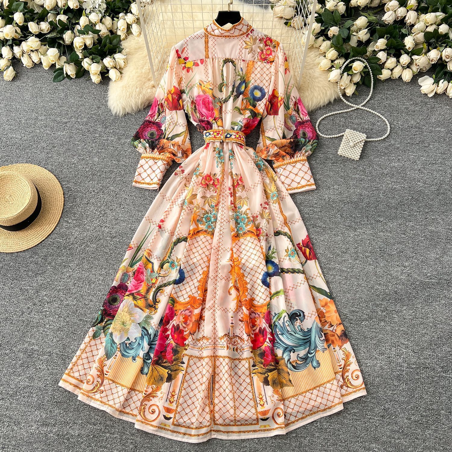 Spring Sumemr Holiday Flower Chiffon Maxi Dress Womens Lapel Long Lantern Sleeve Floral Print Belt Boho Robe Vestidos 6270 240812