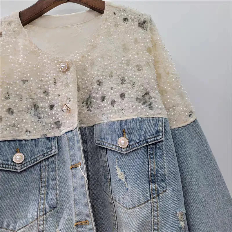 DEAT Womens Denim Coat Patchwork Lace Pearls Elegant Single Breasted Broken Holes Jackets Summer Fashion 29A797 250731