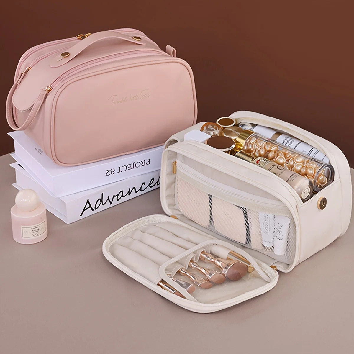 Multifunctional Makeup Bag For Women PU Leather Large Capacity Portable Double Zipper Travel Makeup Brush Toiletries Storage Bag 250731