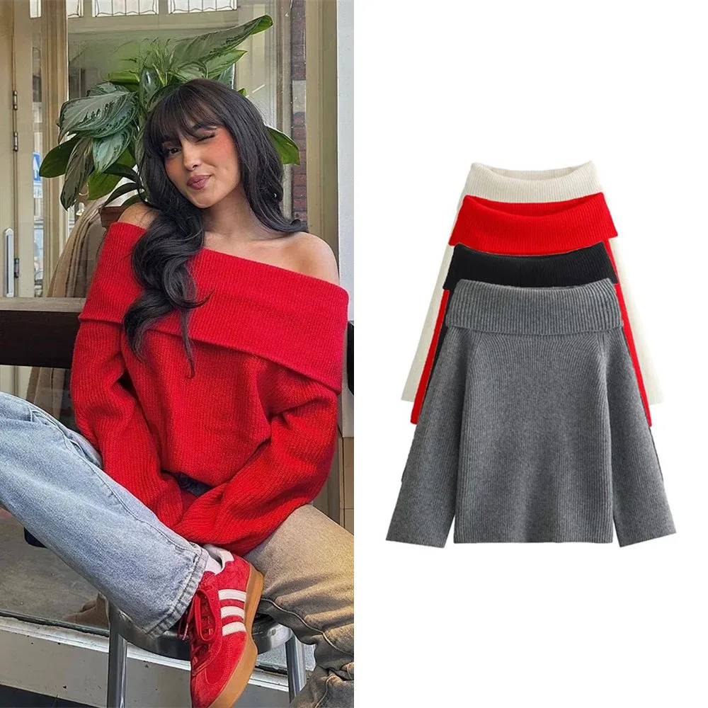 Women Fashion Slash Neck Strapless Off The Shoulder Winter Sweater Female Sexy Casual Long Sleeves Knitted Slim Fitting Pullover 250731
