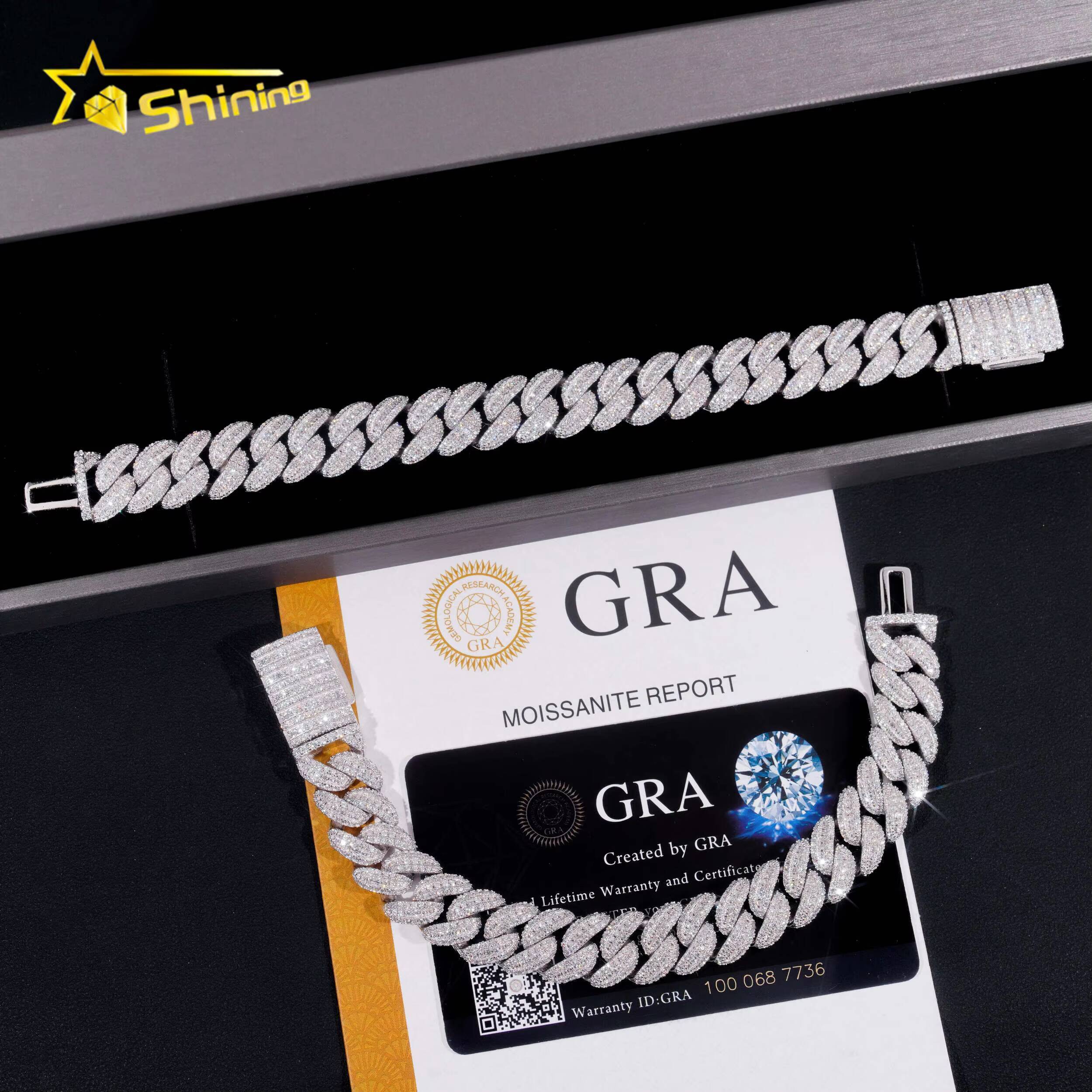 Hot Selling 13MM Moon Shape Cuban Chain Silver 925 Iced Out Hip Hop Jewelry Moissanite Cuban Link Bracelet Men