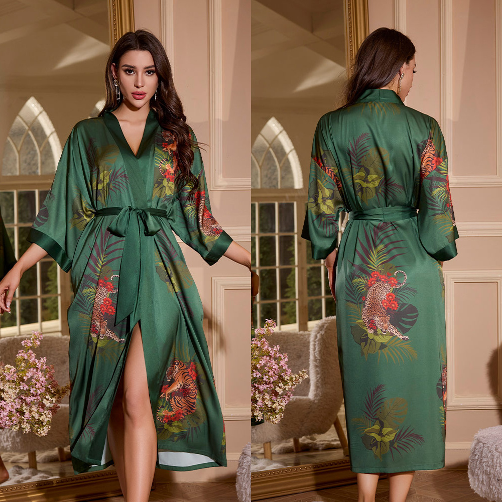 Light luxury women's clothing, long-sleeved ice silk pajamas women's spring and autumn dressing gowns V-neck loose home clothes