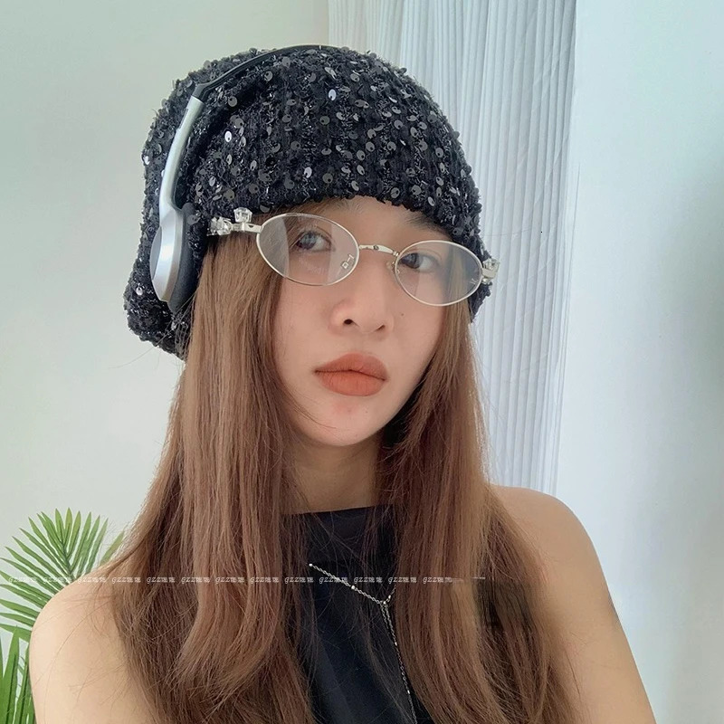 Korean Version Thin Sequin Pile Cap Fashionable Men Women Spicy Y2k Girl Headband Cap Breathable Versatile Pullover Cap 250730