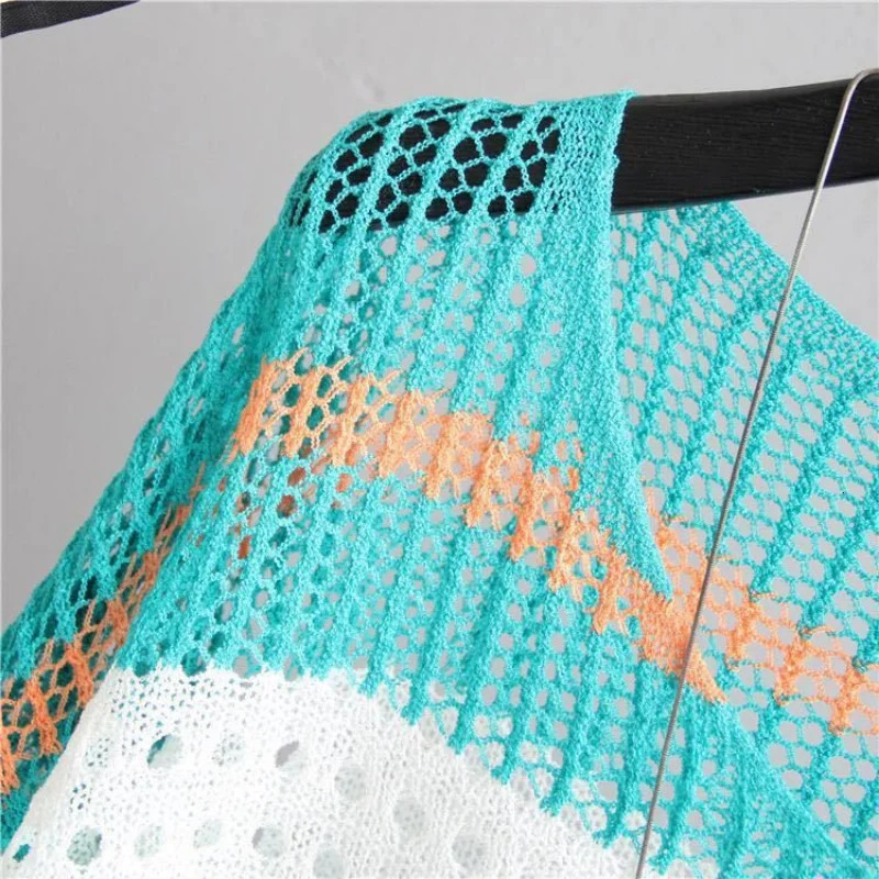 Women Half Sleeve Colorful Hollow Out Blouses Striped Ice Silk Knit Shirt Loose Retro Style Pullover Lightweight Tank Tops 250731