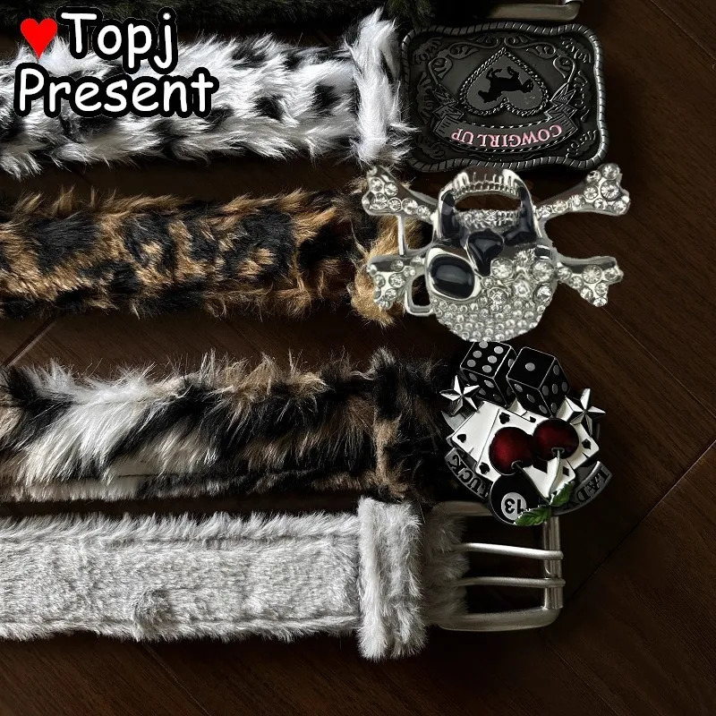 Leopard for Girl Friend Y2K Harajuku Retro Western Cowgirl Cowboy Punk Furry Fur Waist HipHop Punk Rock Streetwear Belt 250814