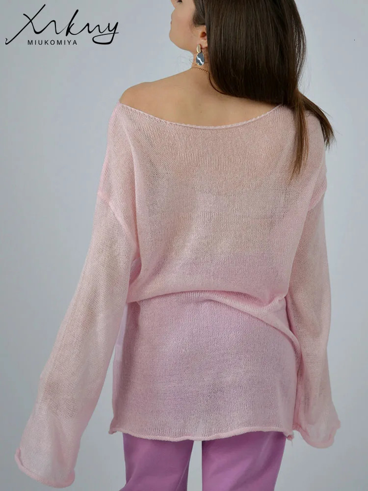 Red T Shirts Oversize Thin Knit Pullover Women Summer Trumpet Long Sleeve Shirt For Loose Top Tees Transparent Sweater 250731