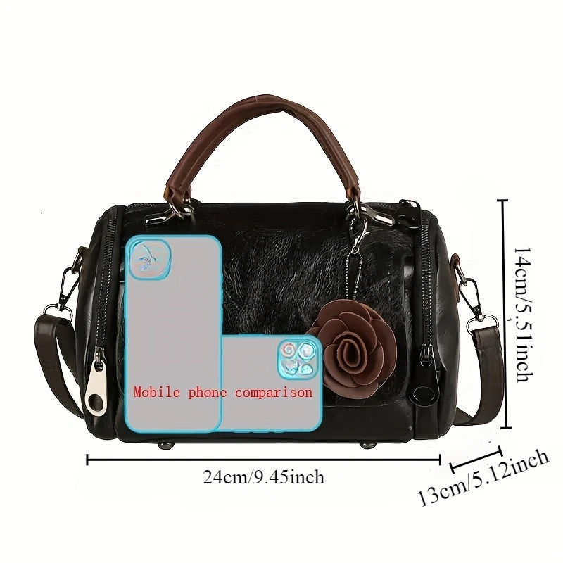 Large Vintage Boston Handbag - Solid Color PU Satchel with Zipper Closure and Flower Pendant - Perfect for Occasional Use 250731