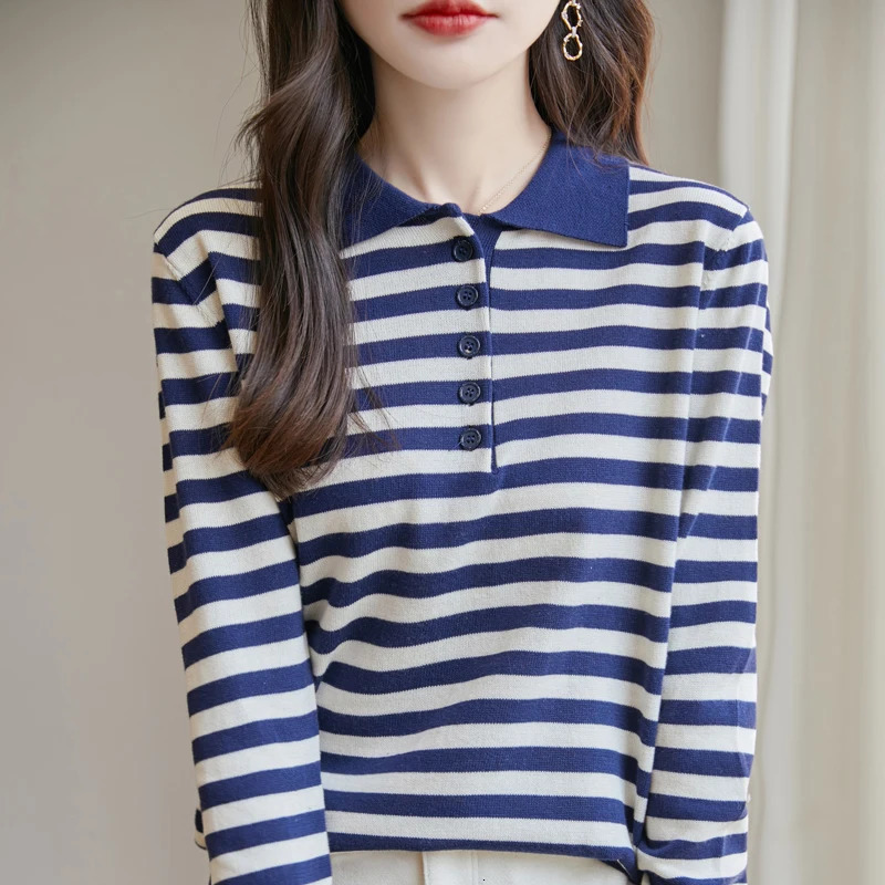 Women 100% Cotton Striped Sweater Polo Collar Pullover Casual Color Blocking Knitwear Long Sleeve Spring Autumn Clothing Tops 250731