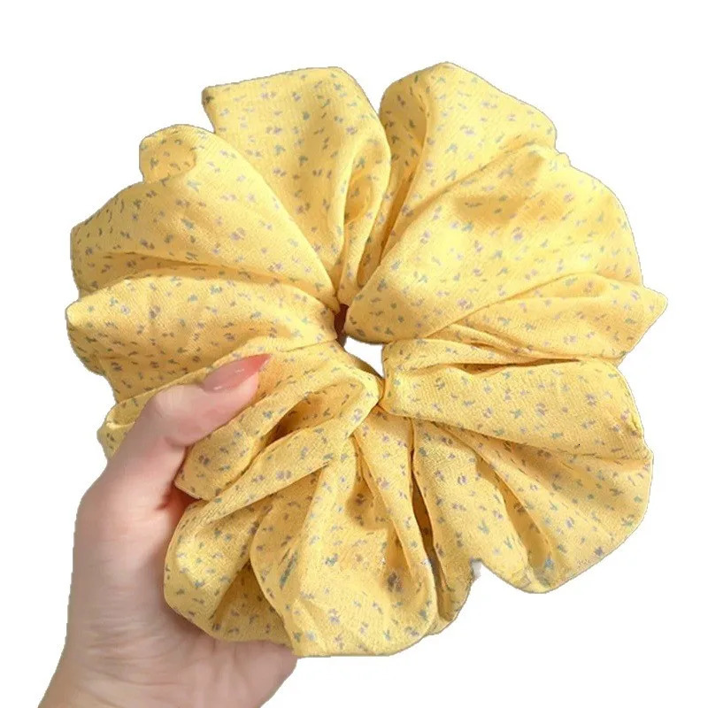Yellow Floral Print Chiffon Scrunchie with Elastic Band for Womens Girls Ponytail and Bun Hairstyles Hair Accessories 250730