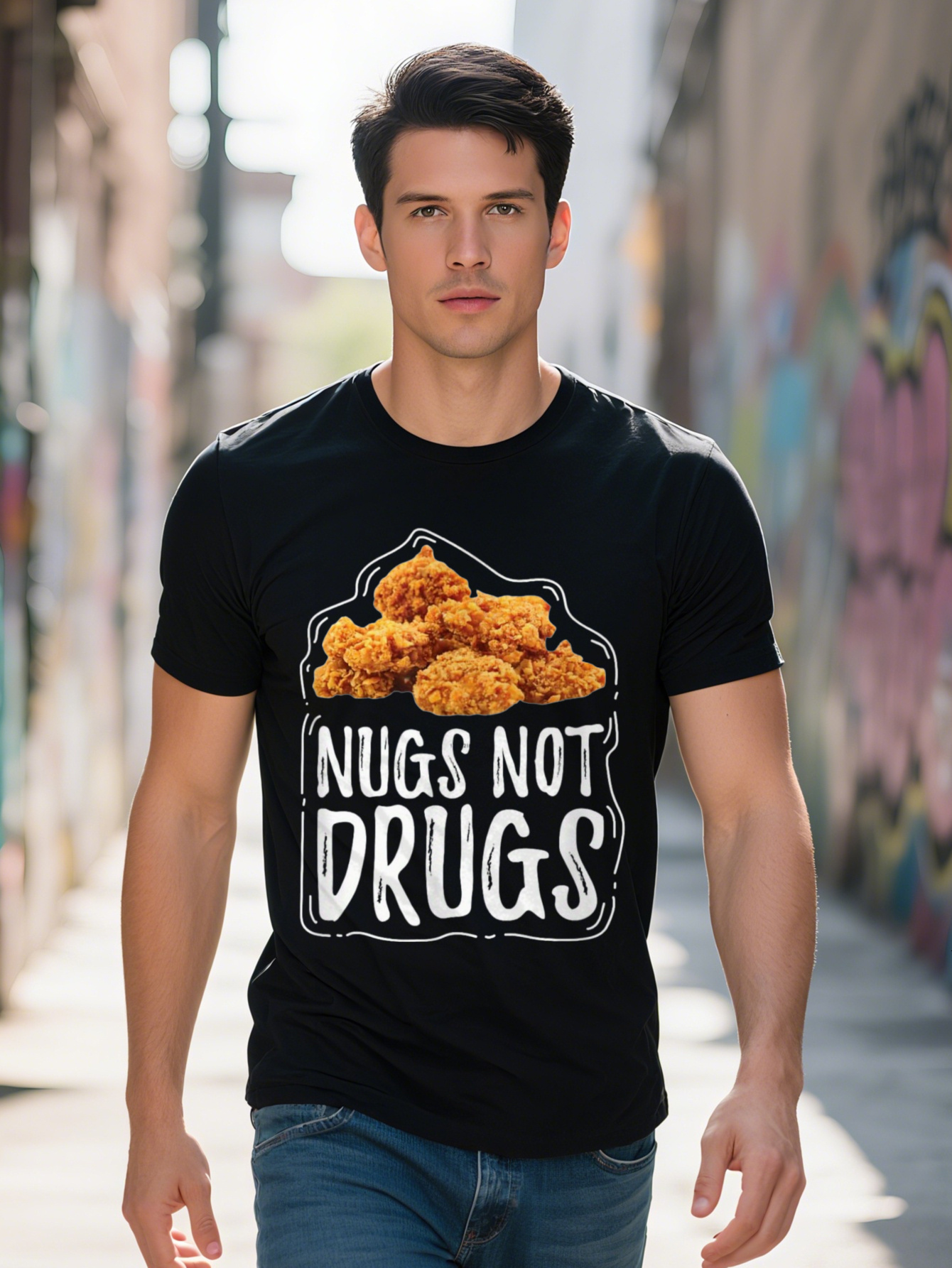 Men's Funny Nugs Notes Nets Graphic - 100% Cotton, Black T-Shirt with White Text and Fried Chicken Design, Short Sleeve, Perfect for Casual Wear