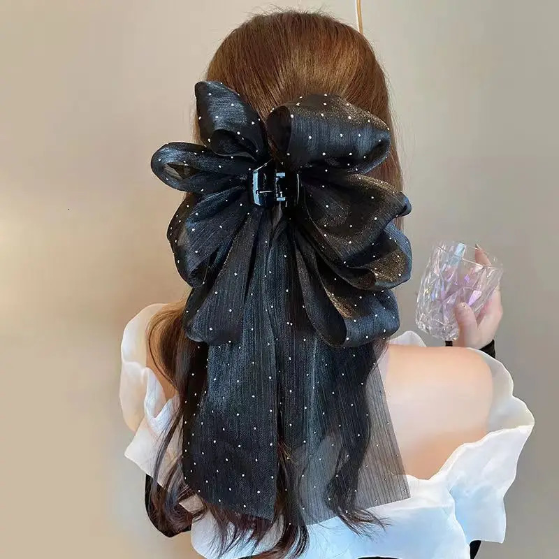 Bow Hair Clips Fabric Mesh Hair Clips Pure Colour Black And White Ponytail Hair Clips Girls Hair Accessories 250730