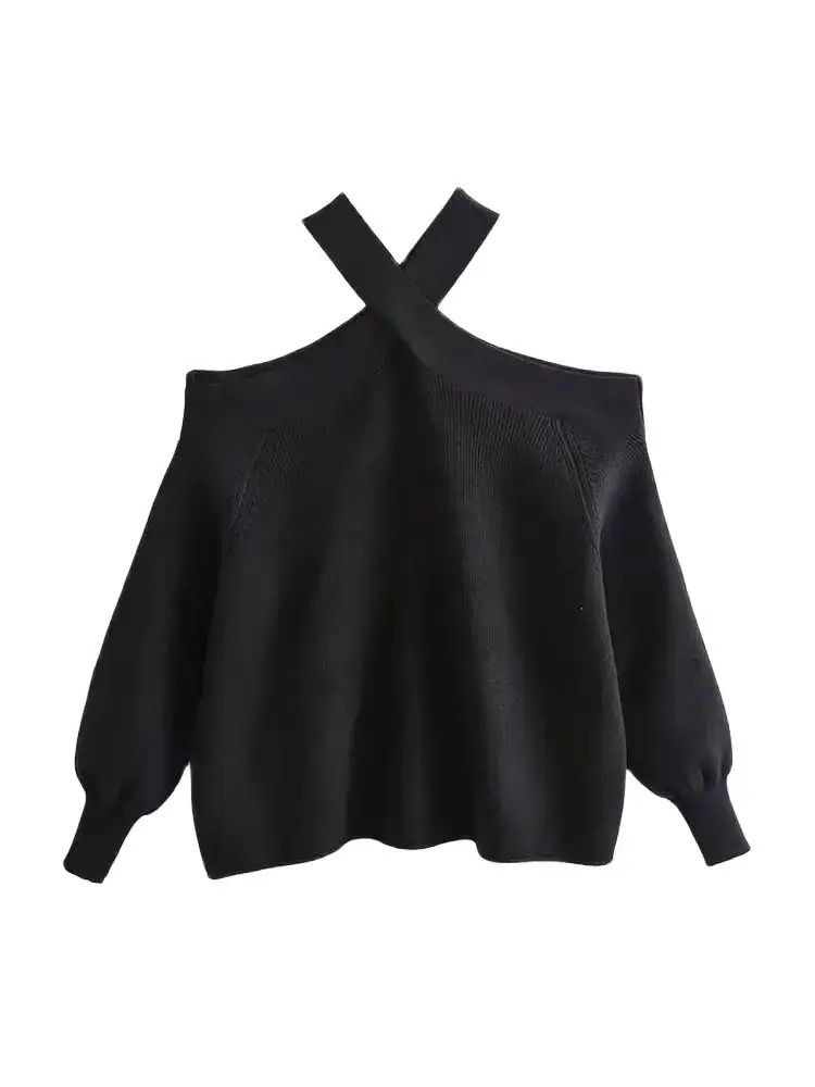 TRZA Women Fashion Loose Knit Halterneck Sweater Sexy Off Shoulder Long Sleeve Female Pullovers Chic Tops 250731