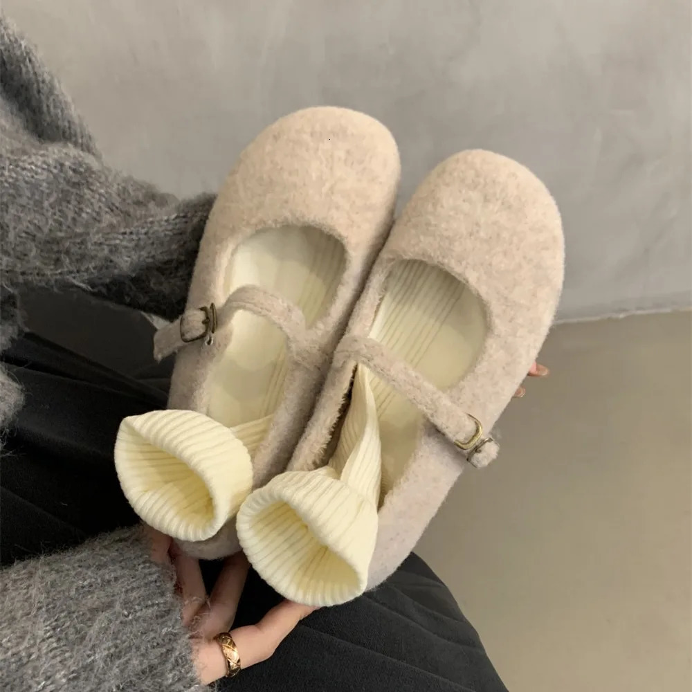 Fashion Square Toe Fleece Flet Ballet Flats Woman Winter Warm Wool Mary Jane Shoes Ladies Elegant Plush Loafers 250731