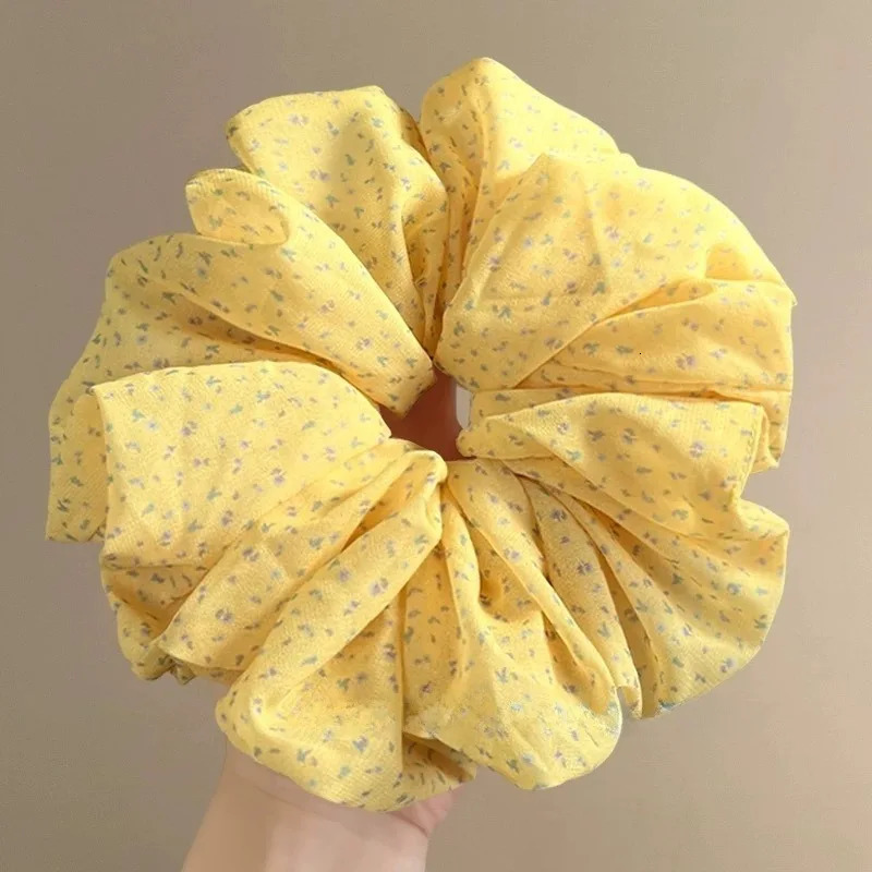 Yellow Floral Print Chiffon Scrunchie with Elastic Band for Womens Girls Ponytail and Bun Hairstyles Hair Accessories 250730