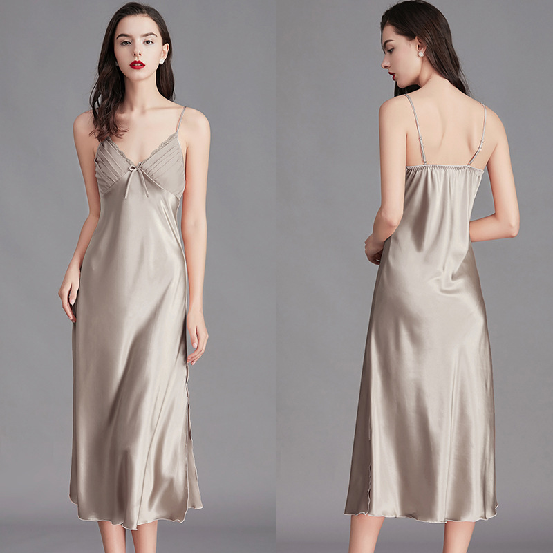 Outfits For Woman Women's Summer Sling Pajamas Ice Silk Sexy Split Long Nightgown with Bow Homewear