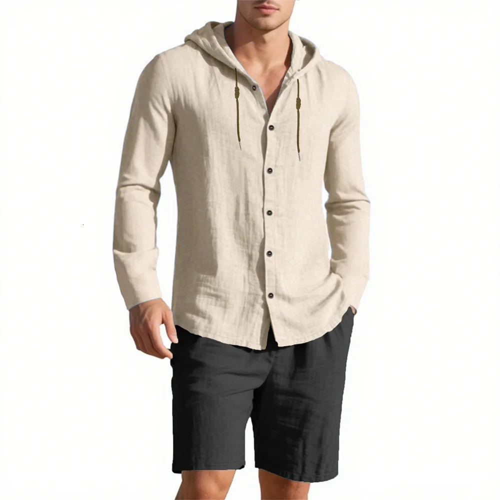 Mens Summer Shirt Sets Cotton Linen Beach Style Vacation Casual Solid Color Hooded Shirt Loose Fit Fashion Male Suit 250724