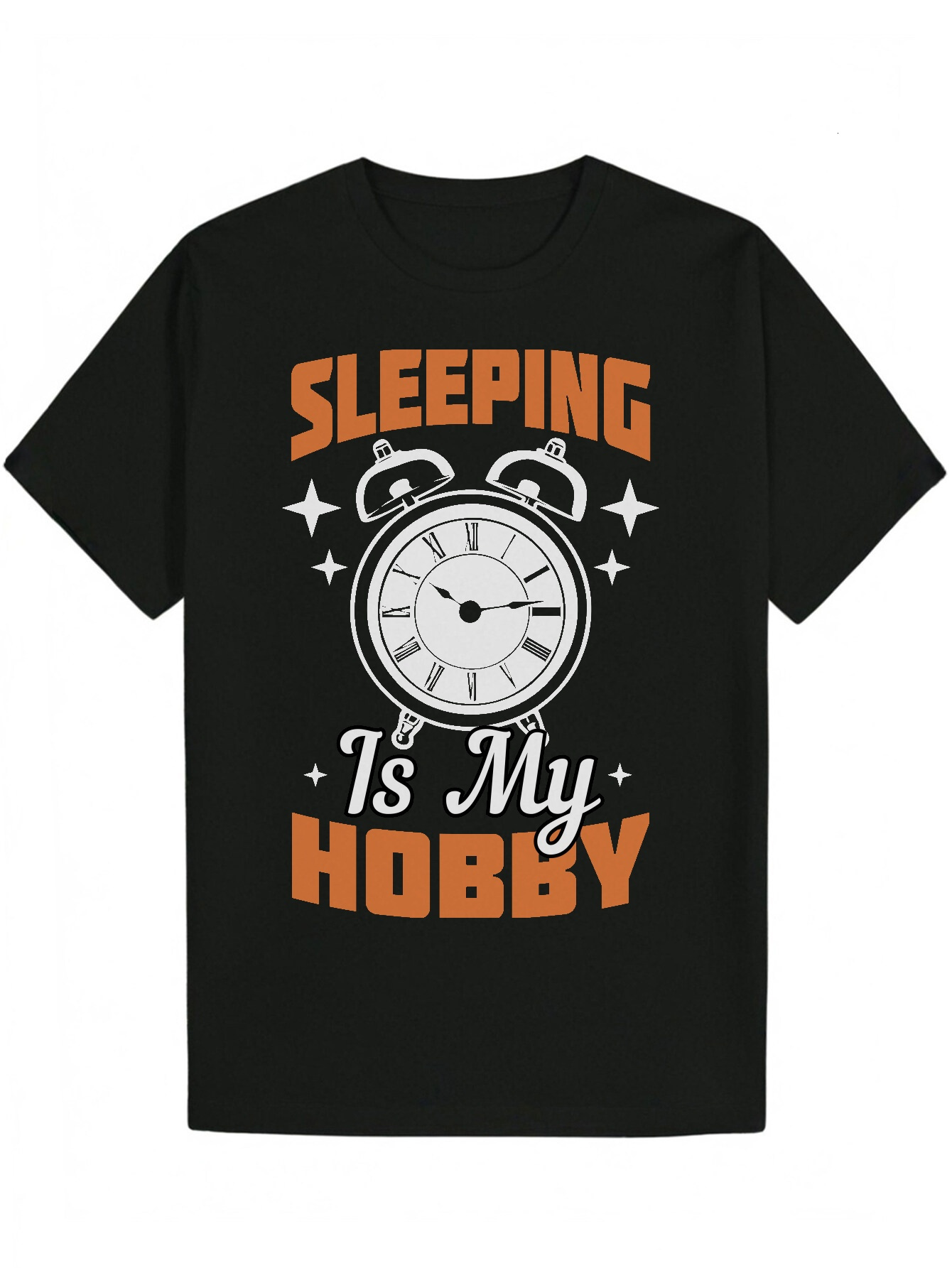 Men's Summer Graphic T-Shirt - "Sleep Is My Hobby" Design with Alarm Clock and Stars, Black Polyester Crew Neck T-Shirt, Suitable for C
