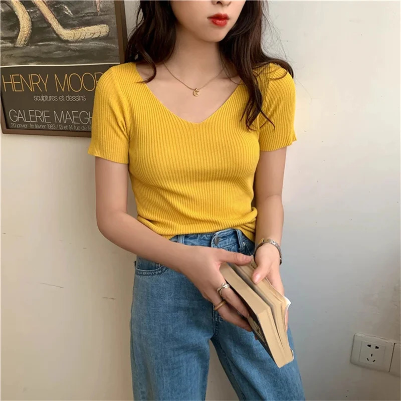 Basic Vneck Solid Thin Summer Pullover Women Female Knitted Ribbed Sweater Slim Short Sleeve Bodycon 250731