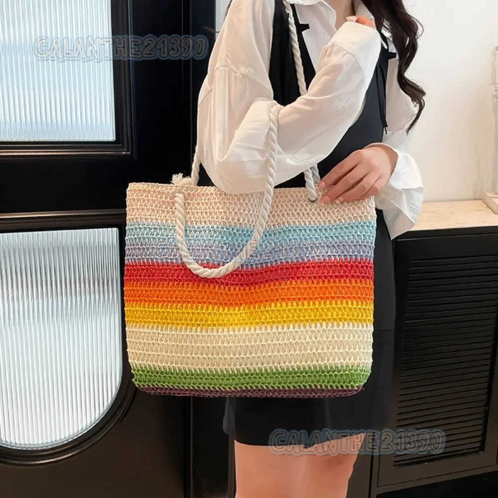Simple Beach Handbag Strip Weave Bag Bohemian Style Lazy Style Rainbow Beach Bag Large Capacity Hollow Tote Bag Vacation H250801