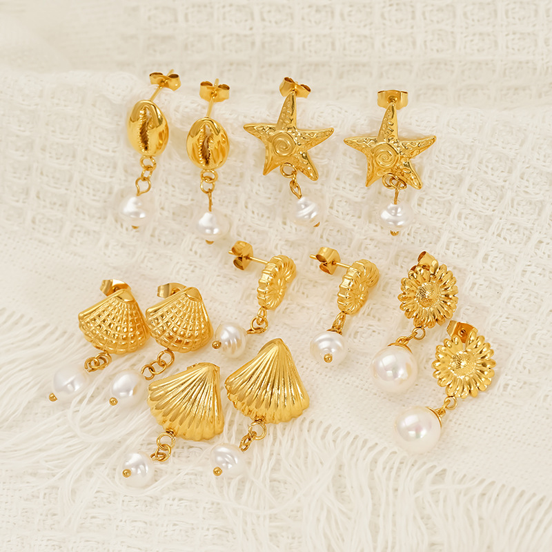 Fashion Summer Vacation Style Stainless Steel Conch Starfish Pearl Earrings Niche Versatile High-end Feel