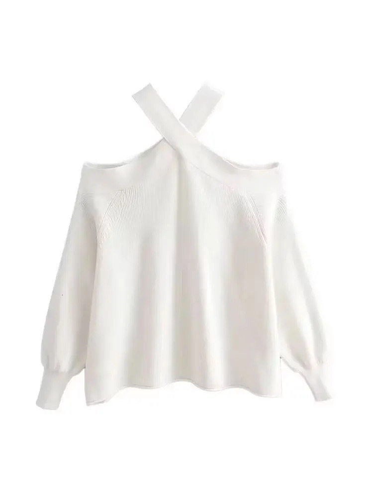 TRZA Women Fashion Loose Knit Halterneck Sweater Sexy Off Shoulder Long Sleeve Female Pullovers Chic Tops 250731