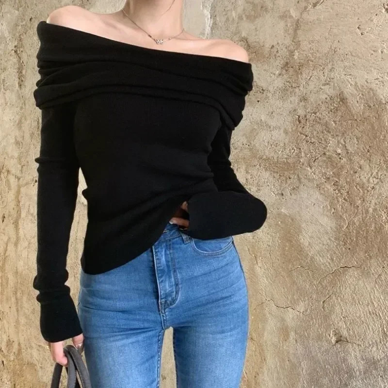Slash Neck Sweater Off Shoulder Knitwear Jumper Korean Fashion Women Slim SexyY2k Autumn Winter Clothing Pink Black Apricot 250731