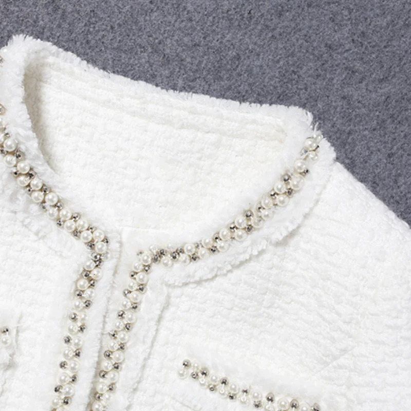 White tweed women jacket Handmade beads spring autumn winter woolen coat Wool classic Ladies 250731
