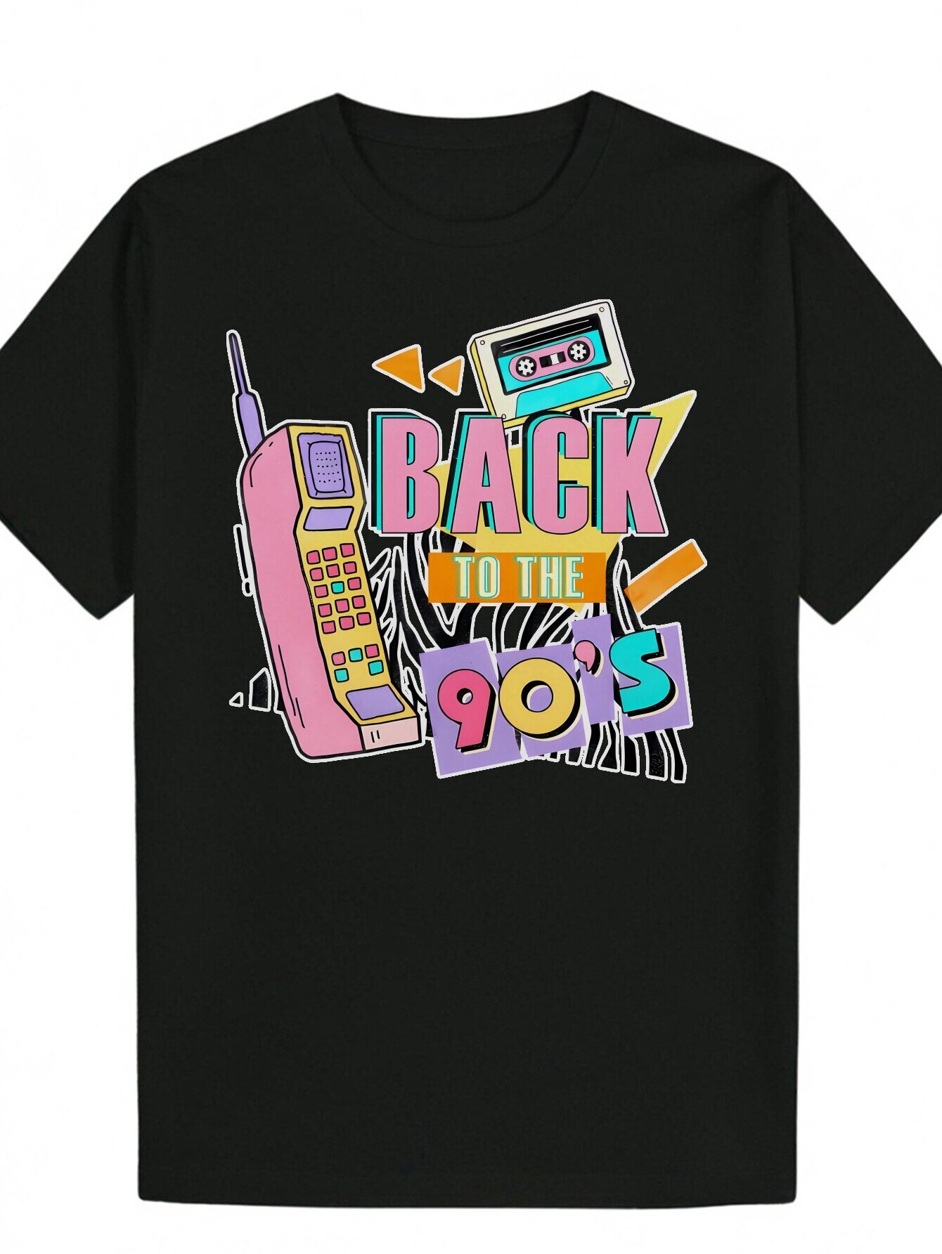 Men's 90s Pattern - Black Casual Short Sleeve Crew Neck T-Shirt with Bold "BACK ON THE 90s" Lettering and Tape Design, 100% Polyester, 