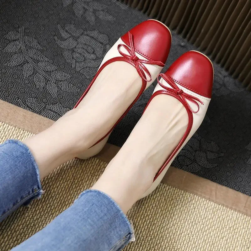 Red Moccasins Cute Flats with Bow Round Toe Low Heel Elegant Ladies Footwear Flat Kawaii Womens Shoes 39 Trend Spring Fashion L 250731