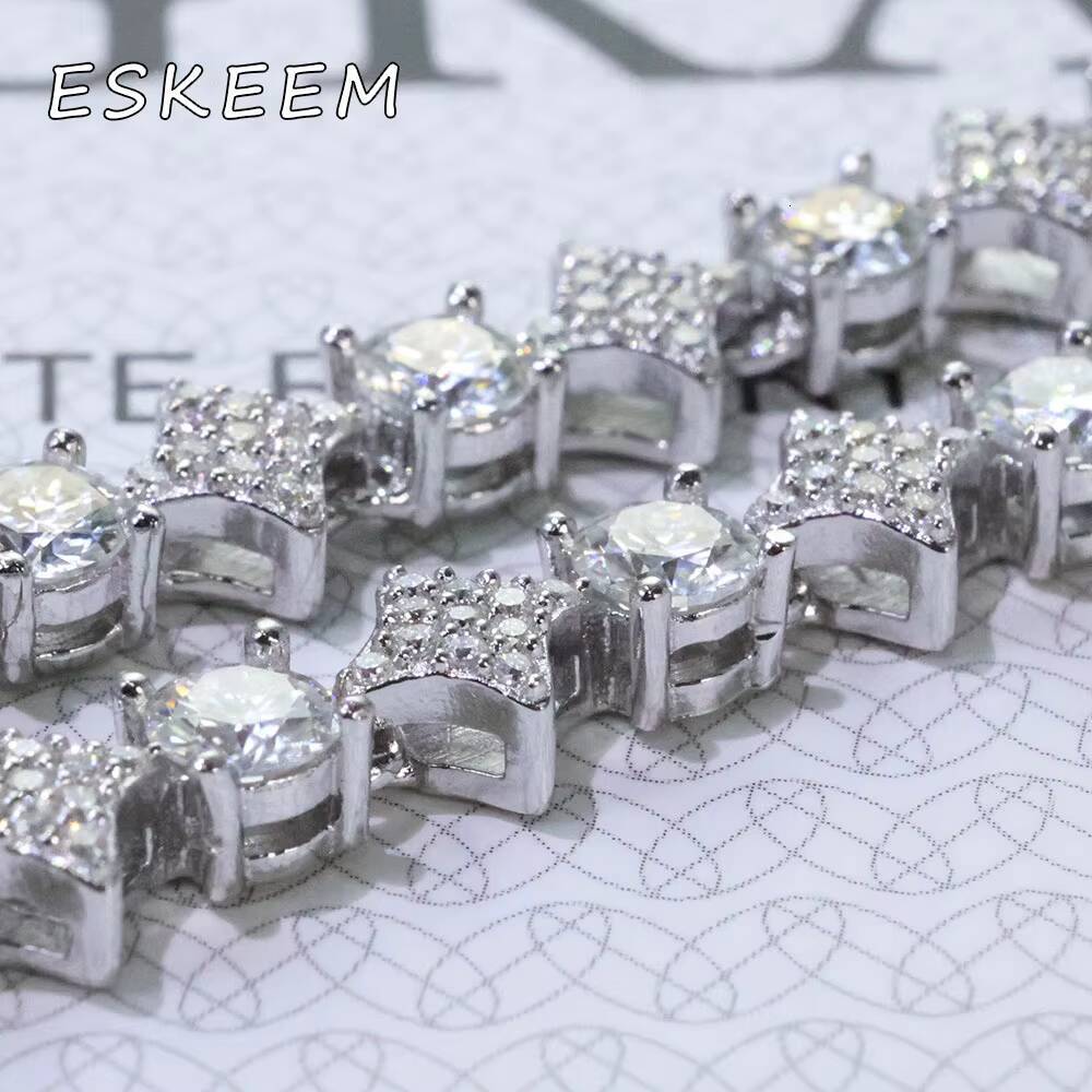 6mm Iced Out Moissanite Tennis Bracelet Star Design 925 Silver White Gold Plated Charm Chain Fine Jewelry Gift for Women