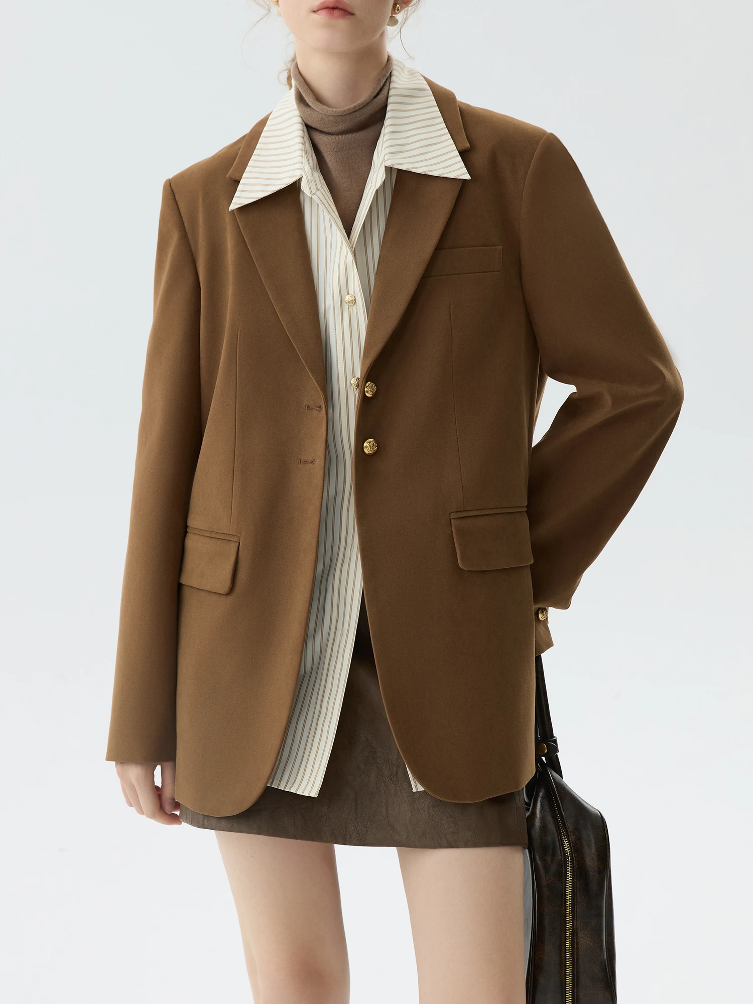 FSLE Women Brown Blazers Faux Suede SingleBreasted Winter Loose Casual Notched Collar Coats 24FS14710 250731