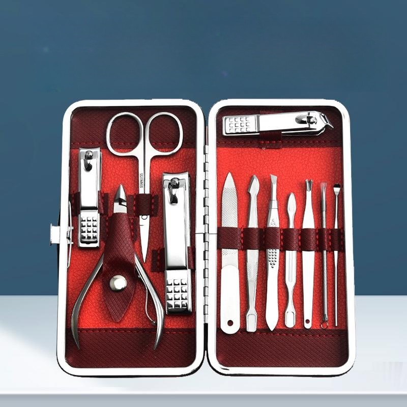 Stainless Steel Nail Clippers - Elegant 12-Piece Kit + Exclusive Leather Carrying Pouch