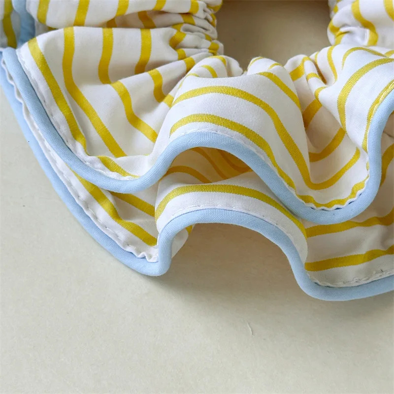 Summer Yellow And Blue Striped Fabric High Elastic Hair Rope Simple Fashion Double-layer Small Waist Hair Band 250730