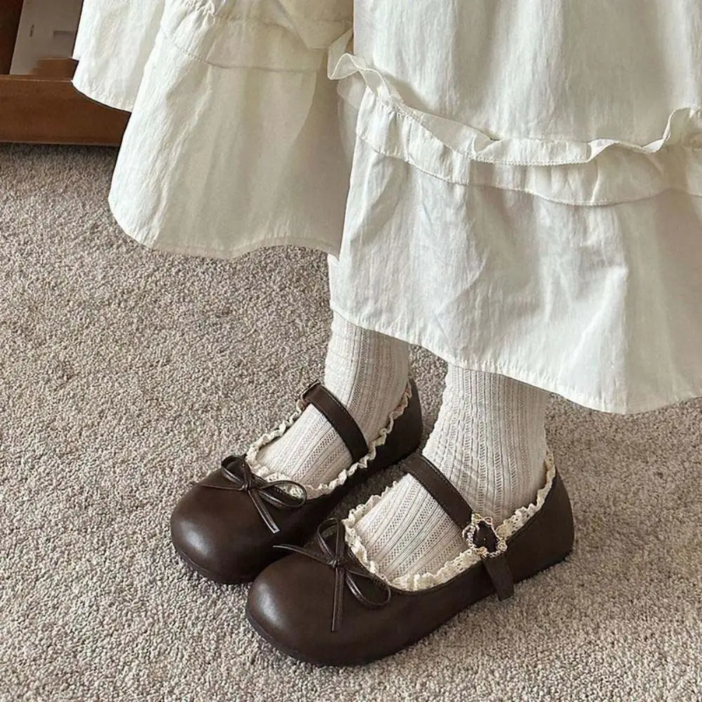 Fashion PU Leather JK Flat Shoes Lace Ruffled Sweet Slip On Loafers Soft Sole Bow Mary Jane Shoes Summer Autumn 250731