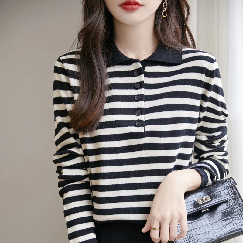 Women 100% Cotton Striped Sweater Polo Collar Pullover Casual Color Blocking Knitwear Long Sleeve Spring Autumn Clothing Tops 250731