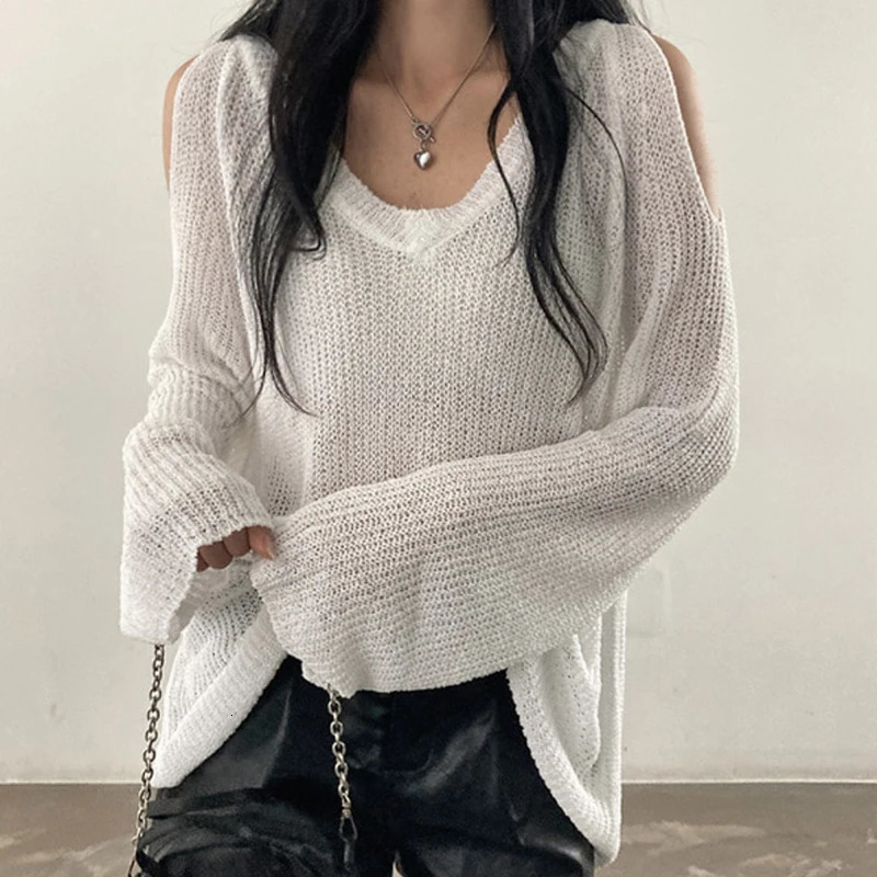 HELIAR Women Hollow Out Off Shoulder Sweater VNeck Long Sleeve Loose Thin Jumpers Knit Streetwear Top Spring 250731