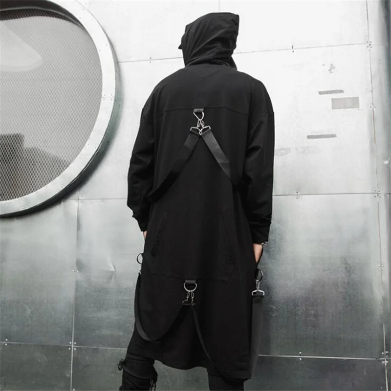 Spring autumn men ribbons patchwork punk hip hop long trench coat hooded cloak black zipper techwear jacket overcoat 250729