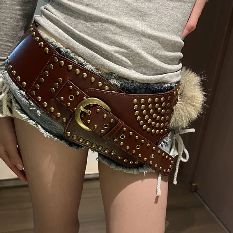 Punk Women Studded Fur Belts Vintage Cowgirl Belt Y2K Metal Pu Gothic Waist Furry Fur Waistband Bohimia for Night Club Dress 250814